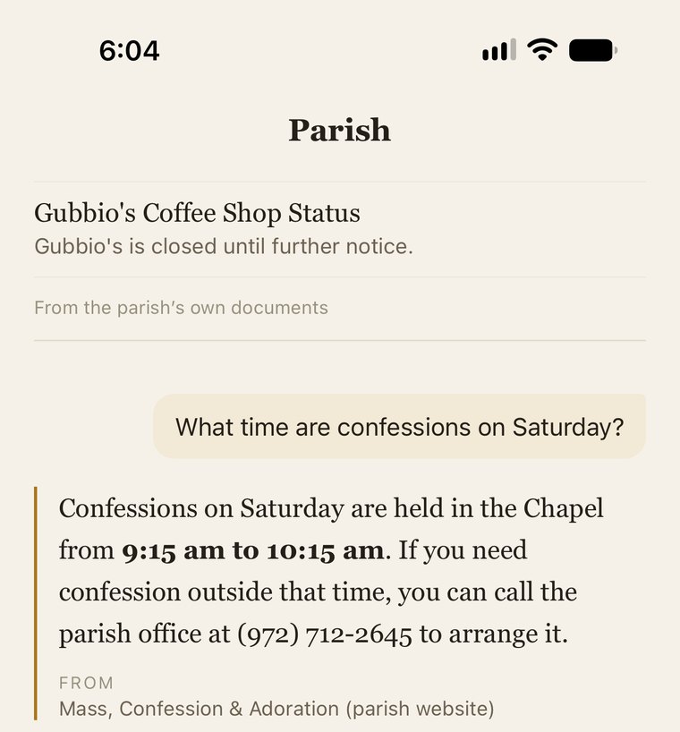 A parish answering a question about confession times, and its Mass schedule